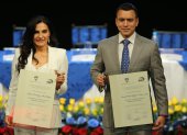 El presidente Daniel Noboa y la vicepresidenta Verónica Abad, en el Teatro Sucre cuando recibieron las credenciales como autoridades electas en votaciones generales.