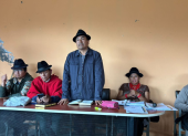 El 29 de octubre, Leonidas Iza y otros dirigentes del Consejo de Gobierno de la Conaie, en la asamblea provincial del Movimiento Indígena Campesino de Cotopaxi.