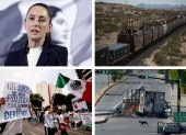 Combo de fotografías de archivo de izquierda-arriba, la presidenta de México, Claudia Sheinbaum; migrantes viajando en el techo de un tren