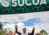 Óscar Patín (i), Daniel Pintado (c) y Jinson Calderón coparon el podio de los 35 km marcha del Nacional del fin de semana en Sucúa, Morona Santiago.