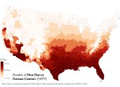 Número de días de calor en "Extrema Precaución" + (≥32°F) en todo Estados Unidos. El calor se mide utilizando el Índice de Calor. Los datos representan la media anual de 2010 a 2016. Crédito: USC/Eunyoung Choi