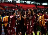 Los jugadores de Mushuc Runa y su festejo tras la victoria 2-1 sobre Orense que les dio el boleto a la fase de grupos de la Copa Sudamericana.
