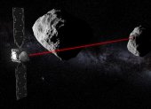 Con su altímetro láser, Hera escanea la superficie de Dimorphos. EFE/Crédito de la recreación: ESA - Science Office.