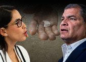 Fotomontaje para graficar este artículos sobre la candidata presidencial Luisa González y su líder Rafael Correa, en torno a un tema delicado para sus intereses políticos.