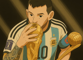 Lionel Messi recreado al estilo Ghibli con IA, celebrando su victoria en la Copa del Mundo 2022.