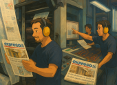 Imagen estilo Studio Ghibli generada con ChatGPT de personal en la rotativa de EXPRESO.
