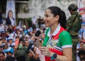 La candidata del correísmo, Luisa González, durante la campaña electoral.
