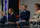 Markus Söder (CSU), Friedrich Merz (CDU) y los copresidentes del SPD, Lars Klingbeil y Saskia Esken, durante el anuncio en Berlín el 9 de abril de 2025.