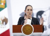 La presidenta de México, Claudia Sheinbaum, habla durante su rueda de prensa diaria.
