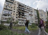 Imagen de un edificio residencial de nueve pisos alcanzado por un dron en Kiev, Ucrania, el 24 de mayo de 2025.