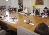 Fotografía cedida por la Presidencia de Colombia que muestra al mandatario colombiano, Gustavo Petro (c), hablando durante una reunión con su gabinete.