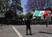 Protestante sostiene bandera mexicana en California.