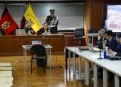 Corte. El tribunal del caso Reconstrucción de Manabí está integrado por Mercedes Caicedo (centro) y los jueces recusados Marco Rodríguez y Javier de la Cadena.