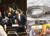 Niels Olsen, Ferdinan Álvarez y Valentina Centeno, de ADN, celebran la aprobación de la Ley de Solidaridad, que busca debilitar a las economías criminales.