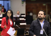 Viviana Veloz y Adrián Castro, asambleístas de la RC y ADN, en el primer debate de Ley de Integridad Pública.
