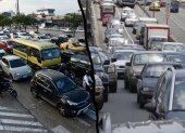 Para la congestión vehicular en la avenida Juan Tanca Marengo (izquierda), el Municipio de Guayaquil propone dos pasos a desnivel. Este tipo de obras suelen saturarse de vehículos, como en la avenida Carlos Julio Arosemena (derecha).