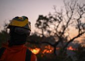 Un bombero trabaja para extinguir un incendio forestal en la Reserva Ecológica Contagem, en Brasilia (Brasil).