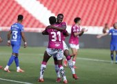 La celebración de Darwin Guagua tras marcar el tercer gol de Independiente del Valle ante Universidad Católica.