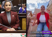 Jadira Bayas, asambleísta de ADN, en el Pleno y en un video en el que aparece con decenas de cocinas de inducción, en campaña electoral.