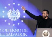 Fotografía de archivo del 19 de marzo de 2025 del presidente de El Salvador, Nayib Bukele, hablando durante un acto en Antiguo Cuscatlán (El Salvador).