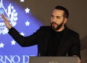 El presidente de El Salvador, Nayib Bukele, hablando en Antiguo Cuscatlán (El Salvador).