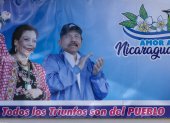 Una valla con la imagen de los esposos y copresidentes de Nicaragua, Daniel Ortega y Rosario Murillo, en Managua (Nicaragua).