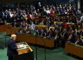 El presidente Donald Trump, pronuncia un discurso ante la Asamblea General de las Naciones Unidas en la sede de la ONU en la ciudad de Nueva York el 23 de septiembre de 2025.
