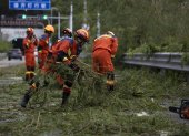 Bomberos limpian una carretera de ramas de árboles después del paso del tifón Ragasa en la isla Hailing,provincia de Guandong, China, el 25 de septiembre de 2025.