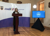 Carolina Jaramillo, vocera presidencial, durante su pronunciamiento sobre las protestas y operativos en Imbabura.