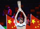Valentin Vacherot of Monaco poses with his trophy after winning the men"s singles final match against Arthur Rinderknech of France at the Shanghai Masters tennis tournament in Shanghai, China, 12 October 2025. (Tenis, Francia) EFE/EPA/ALEX PLAVEVSKI