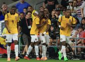 Jugadores de Ecuador celebran un gol en un partido amistoso entre Estados Unidos y Ecuador disputado el 10 de octubre de 2025.