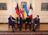 El canciller alemán, Friedrich Merz; el primer ministro británico, Keir Starmer; el presidente de Ucrania, Volodímir Zelensky; y el de Francia, Emmanuel Macron.