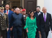 El ministro del Poder Popular, Vladimir Padrino López; el ministro del Interior, Diosdado Cabello; la presidenta encargada, Delcy Rodríguez, y el presidente de la Asamblea Nacional, Jorge Rodríguez, este lunes en Caracas.