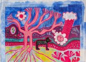 Cristina Salas trabaja con medios mixtos que incluyen dibujo, pintura, fibras, cerámica, mosaicos y objetos encontrados.