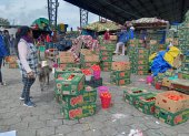 Producto. Comerciantes del Mercado Mayorista de Ambato organizan cajas de tomate riñón para su distribución.