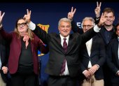 Joan Laporta celebra su reelección como presidente del FC Barcelona tras arrasar en las urnas este 15 de marzo
