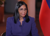 Captura de video cedida por NBC News muestra a la presidenta encargada de Venezuela, Delcy Rodríguez, durante un acto en Caracas.