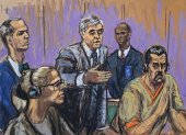 Fotografía de un dibujo realizado por la artista Jane Rosenberg donde aparece el presidente depuesto de Venezuela, Nicolás Maduro (d), junto a su esposa Cilia Flores (2-i), y sus abogados Mark Donnelly (i) y Barry pollack (c), durante su comparecencia este lunes, ante un tribunal federal en Nueva York (EE.UU.).