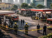 Bomberos y policías inspeccionan estaciones de combustible en una zona urbana rodeada de hospitales, colegios y edificios residenciales, en medio de preocupaciones por seguridad.