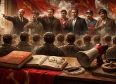 Representación simbólica de líderes del comunismo y su influencia ideológica sobre las masas trabajadoras en un contexto de propaganda política.