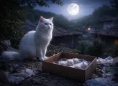 Una gata blanca cuida a sus crías en un entorno precario, evocando una historia de rescate, vínculo y misterio.