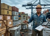 Un exportador ecuatoriano en un puerto logístico simboliza la lucha entre la apertura a mercados globales y las limitaciones internas.