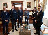 Francisco Egas (i), Alejandro Domínguez, Gianni Infantino, el presidente Daniel Noboa, Cynthia Gelibert y Roberto Ibáñez, durante la reunión del jueves pasado.