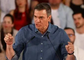 El secretario general del PSOE y presidente del Gobierno Español, Pedro Sánchez, durante su intervención en un acto de precampaña en Córdoba.