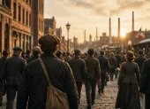 Trabajadores alzan su voz en medio de la Revolución Industrial, evocando la lucha histórica por la jornada laboral digna.