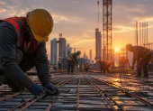 Obreros trabajan en una obra al amanecer, reflejando el esfuerzo humano y el valor del trabajo digno en el desarrollo social.