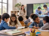 Niños interactúan de forma colaborativa en el aula mientras una docente guía el aprendizaje basado en valores.