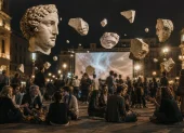 Ciudadanos participan en un encuentro nocturno de reflexión filosófica, en un entorno que evoca el diálogo y la reconstrucción de ideas en tiempos de fragmentación.