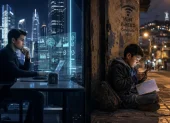 La inteligencia artificial promete cambiar el mundo, pero en Ecuador todavía hay quienes deben sentarse en una vereda para conectarse a internet y hacer sus tareas.