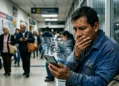 Un ciudadano observa con angustia cómo sus datos biométricos —huellas dactilares y rasgos faciales— se desvanecen en un entorno digital inseguro.